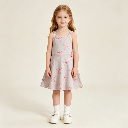 GSD3421 RTS NO MOQ （In stock ）Straps pink bow kids girls summer athletic dress