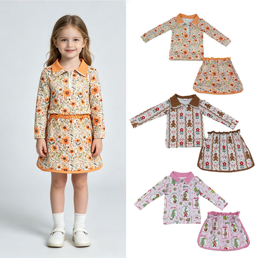 RTS Sibling Baby Girls Flower Print Zip Top Matching Scallop Skort Two Piece Christmas Clothes Set