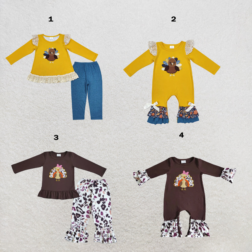 RTS Sibling Baby Girls Long Sleeves Turkey Ruffle Leopard Pant Sets Romper