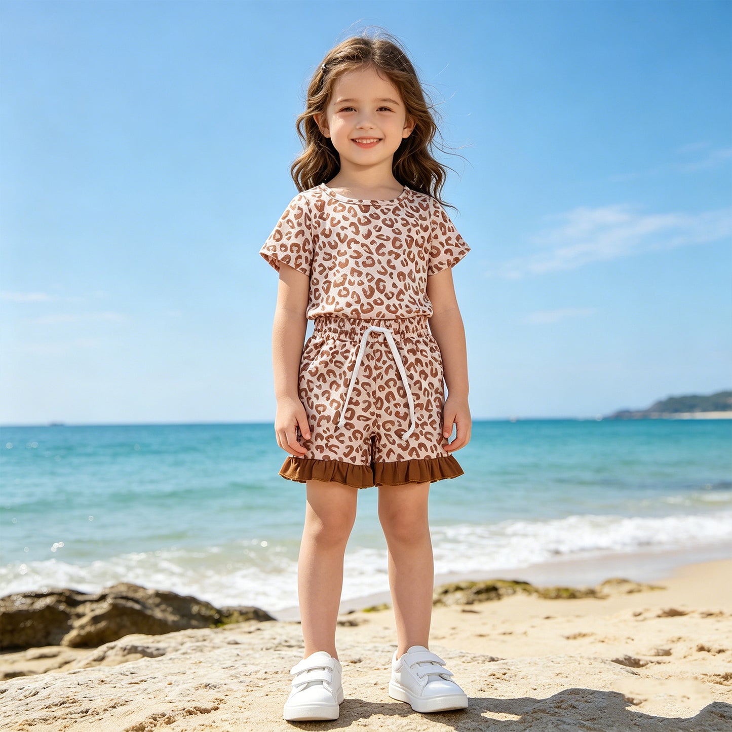 GSSO3292 RTS NO MOQ （In stock ）Short sleeves leopard top ruffle shorts girls outfits