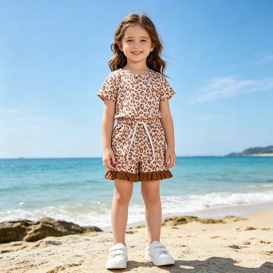 GSSO3292 RTS NO MOQ （In stock ）Short sleeves leopard top ruffle shorts girls outfits