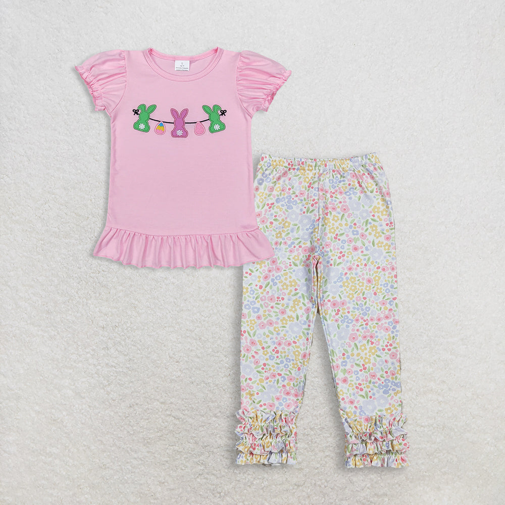 3.12 RTS NO MOQ （In stock）GT0391+ P1005 Baby Girls Easter Pink Rabbits Bunny Puffy Short Sleeve Shirt Tops Flowers Ruffle Legging Pants Bottom