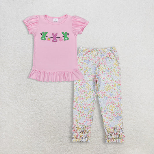 3.12 RTS NO MOQ （In stock）GT0391+ P1005 Baby Girls Easter Pink Rabbits Bunny Puffy Short Sleeve Shirt Tops Flowers Ruffle Legging Pants Bottom