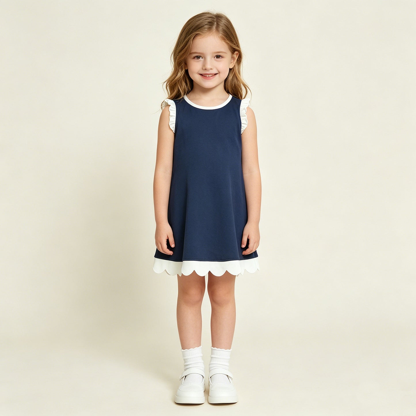 GSD4056 RTS NO MOQ （In stock）White scallop ruffle sleeveless navy girls cotton team dress