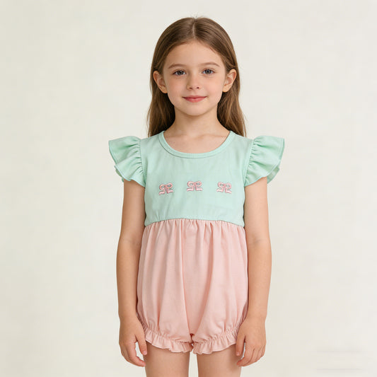 4.1 SR3895 RTS NO MOQ （In stock) Flutter sleeves bow embroidery baby girls summer romper