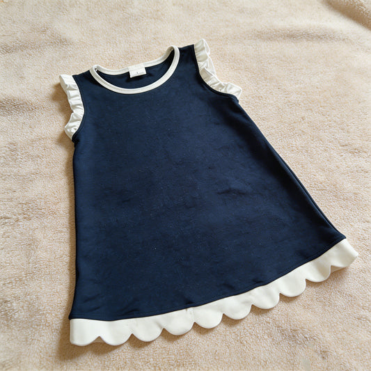 GSD4056 RTS NO MOQ （In stock）White scallop ruffle sleeveless navy girls cotton team dress