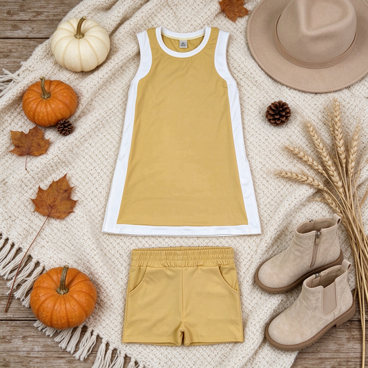 RTS NO MOQ （In stock）yoga fabric cotton GSD4254+SS0959 Yoga Separate Shorts Baby Girls Yellow Sleeveless Top Split Hem Short Yoga Skirt Set
