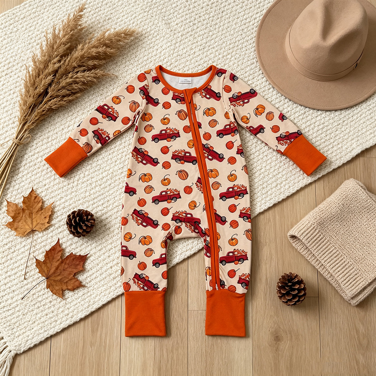 RTS NO MOQ milk silk LR3234 Baby Boys Pumpkins Trucks Fall Two Way Zip Convertible Romper