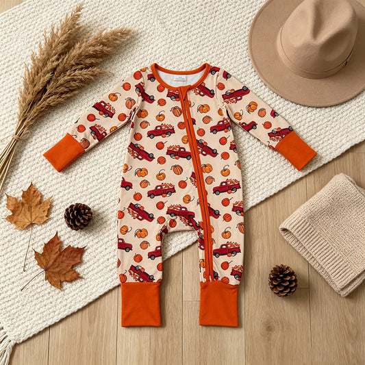 RTS NO MOQ milk silk LR3234 Baby Boys Pumpkins Trucks Fall Two Way Zip Convertible Romper