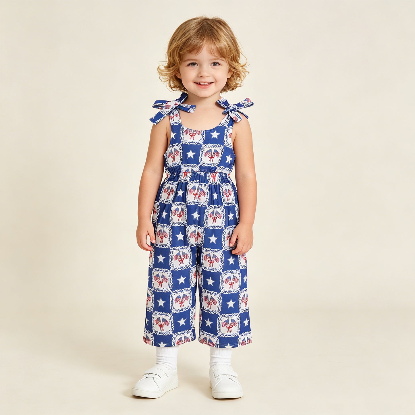 SR3875 RTS NO MOQ （In stock ）Straps flag bow stars kids girls 4th of july jumpsuit