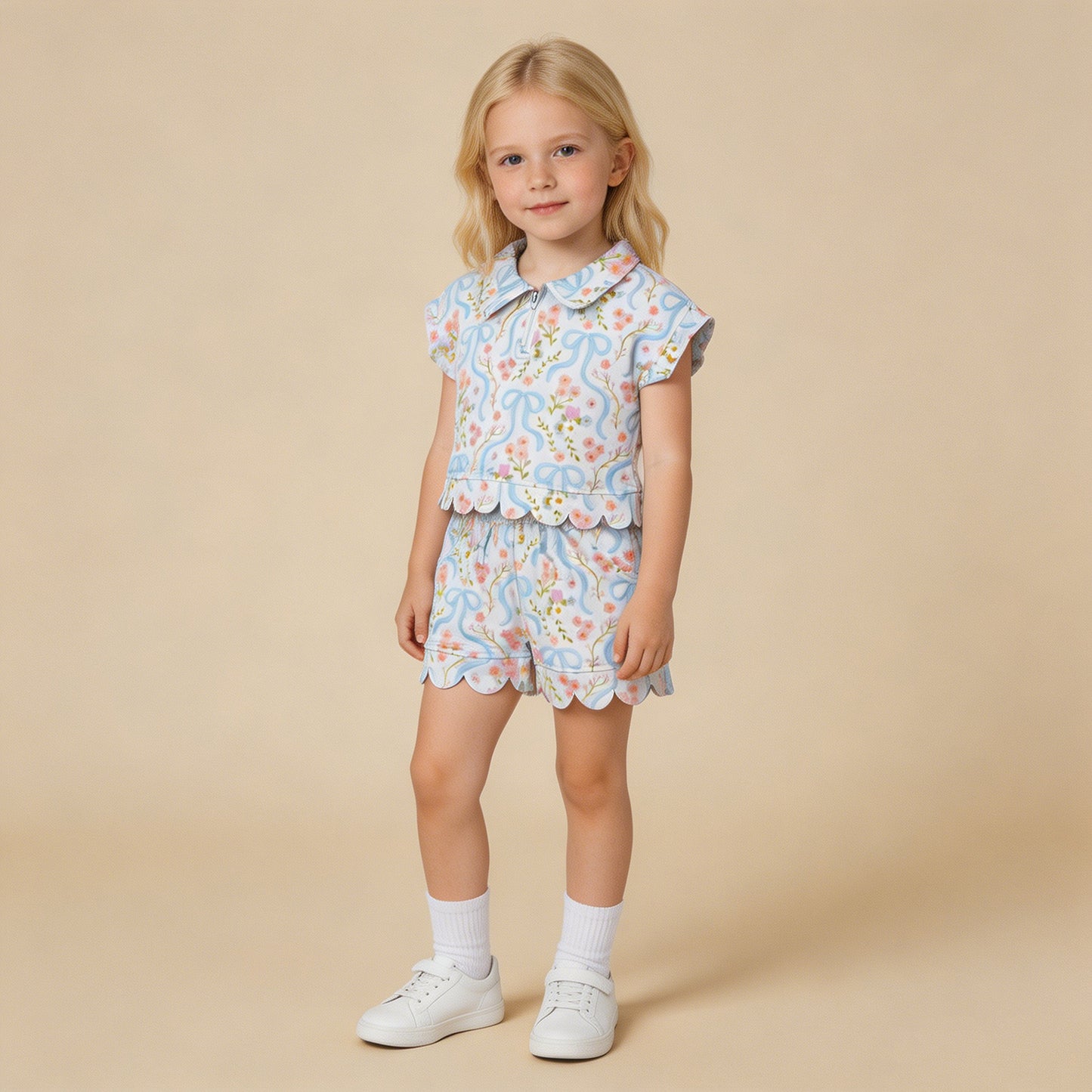 GSSO3575 RTS NO MOQ （In stock ）Short sleeves floral bow scallop pullover shorts girls outfits