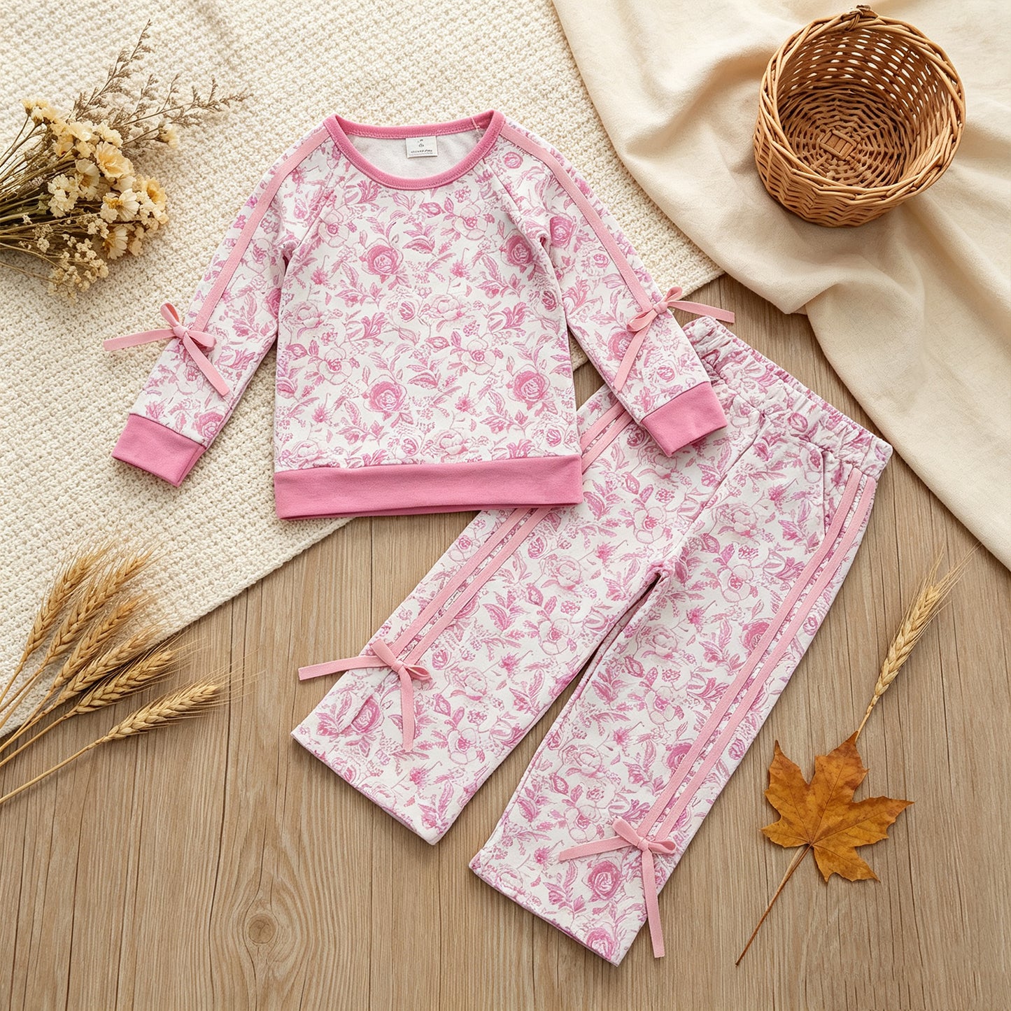RTS NO MOQ milk silk GLP3366 Baby Girls Pink Floral Print Long Sleeve Top Pockets Flare Pant Fall Outfit Set