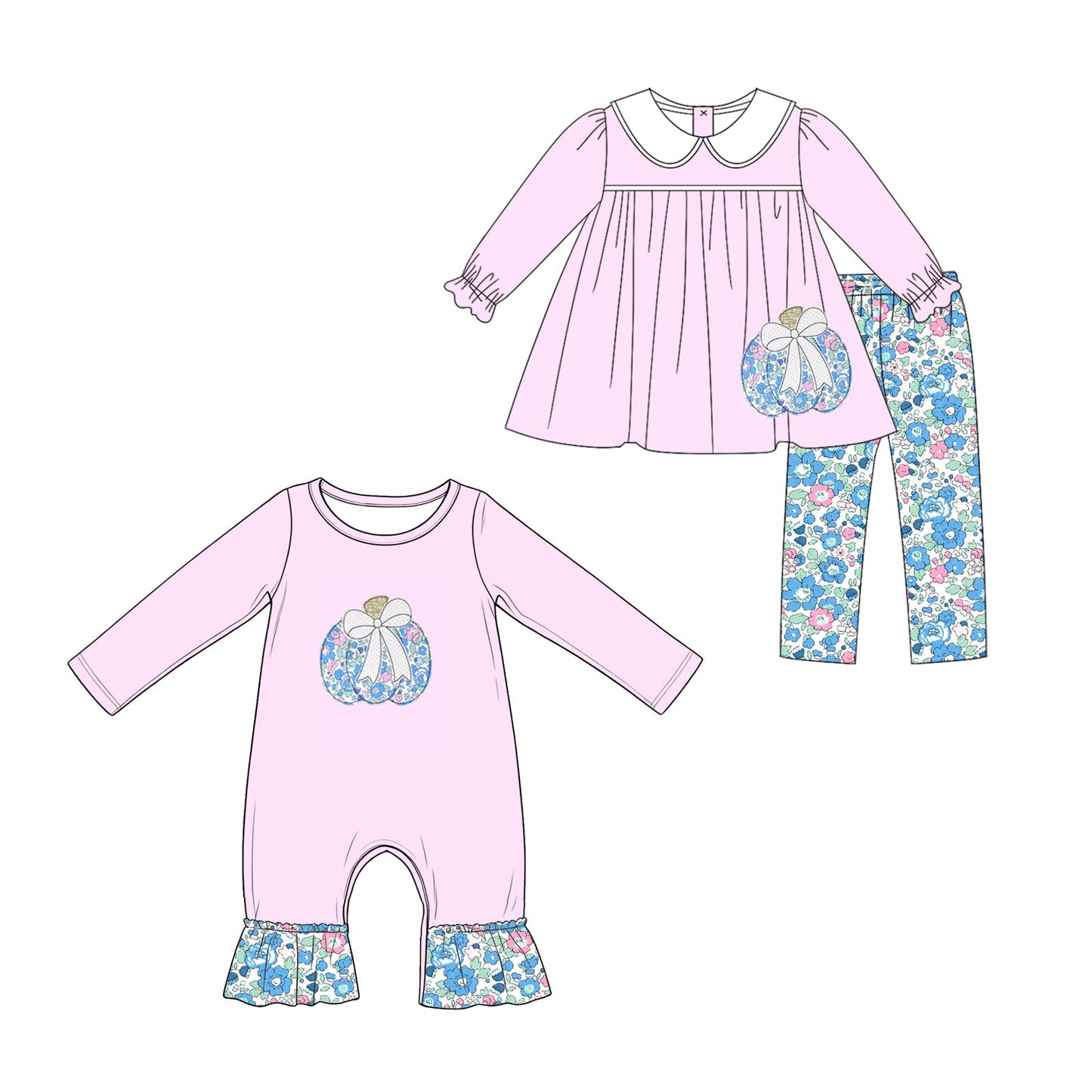 4.18 Pre order No Moq Baby Girls Flowers Pumpkins Collar Tunic Leggings Fall Clothes Sets