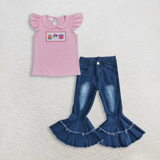 3.9 RTS NO MOQ （In stock）GT0501 + P0003 Baby Girls Birthday Pink Flutter Sleeve Tee Shirts Top  ruffle denim pants jeans Clothes Sets