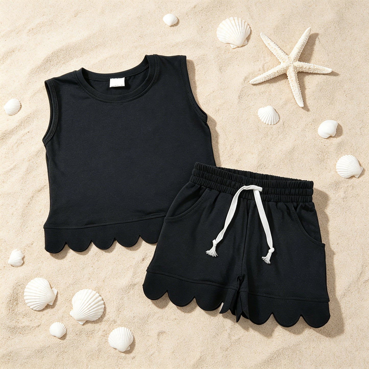 GSSO3733 RTS NO MOQ （In stock ）Sleeveless black scallop top shorts kids girls outfits