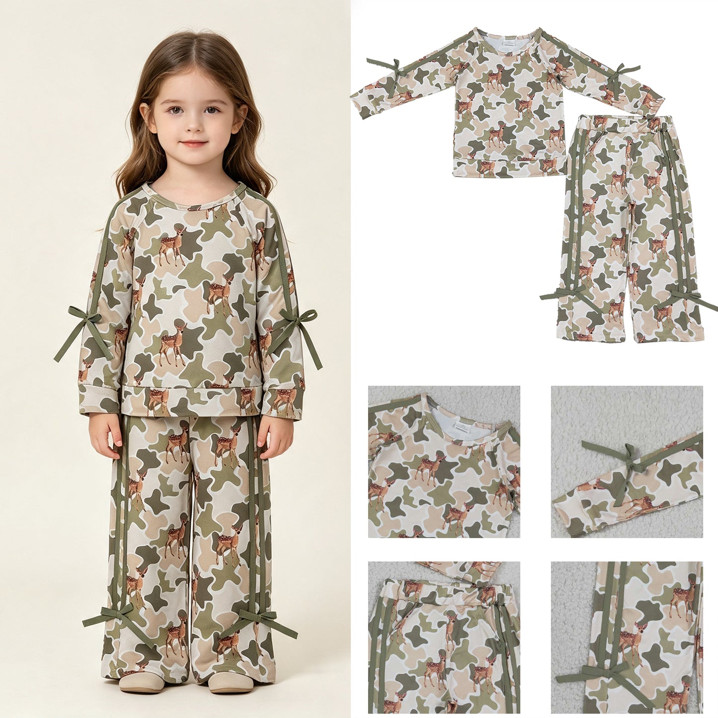 GLP3428 RTS NO MOQ （In stock）milk silk Baby Girls Green Camo Deer Top Pockets Bows Pant Christams Clothes Sets