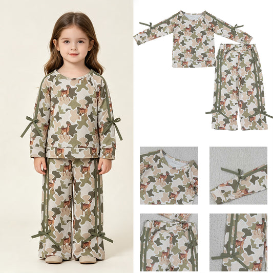 GLP3428 RTS NO MOQ （In stock）milk silk Baby Girls Green Camo Deer Top Pockets Bows Pant Christams Clothes Sets