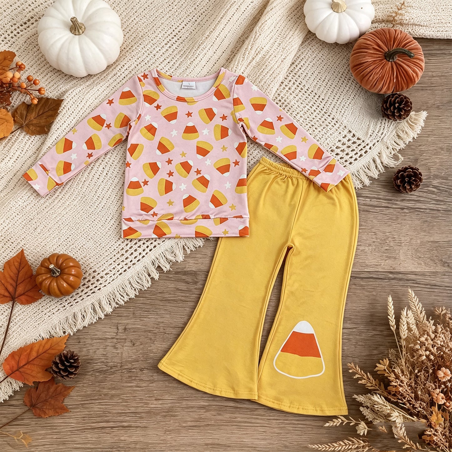 GLP3535 RTS NO MOQ （In stock）milk silk Baby Girls Pink Print Long Sleeve Top Yellow Flare Pants Halloween Casual Outfit