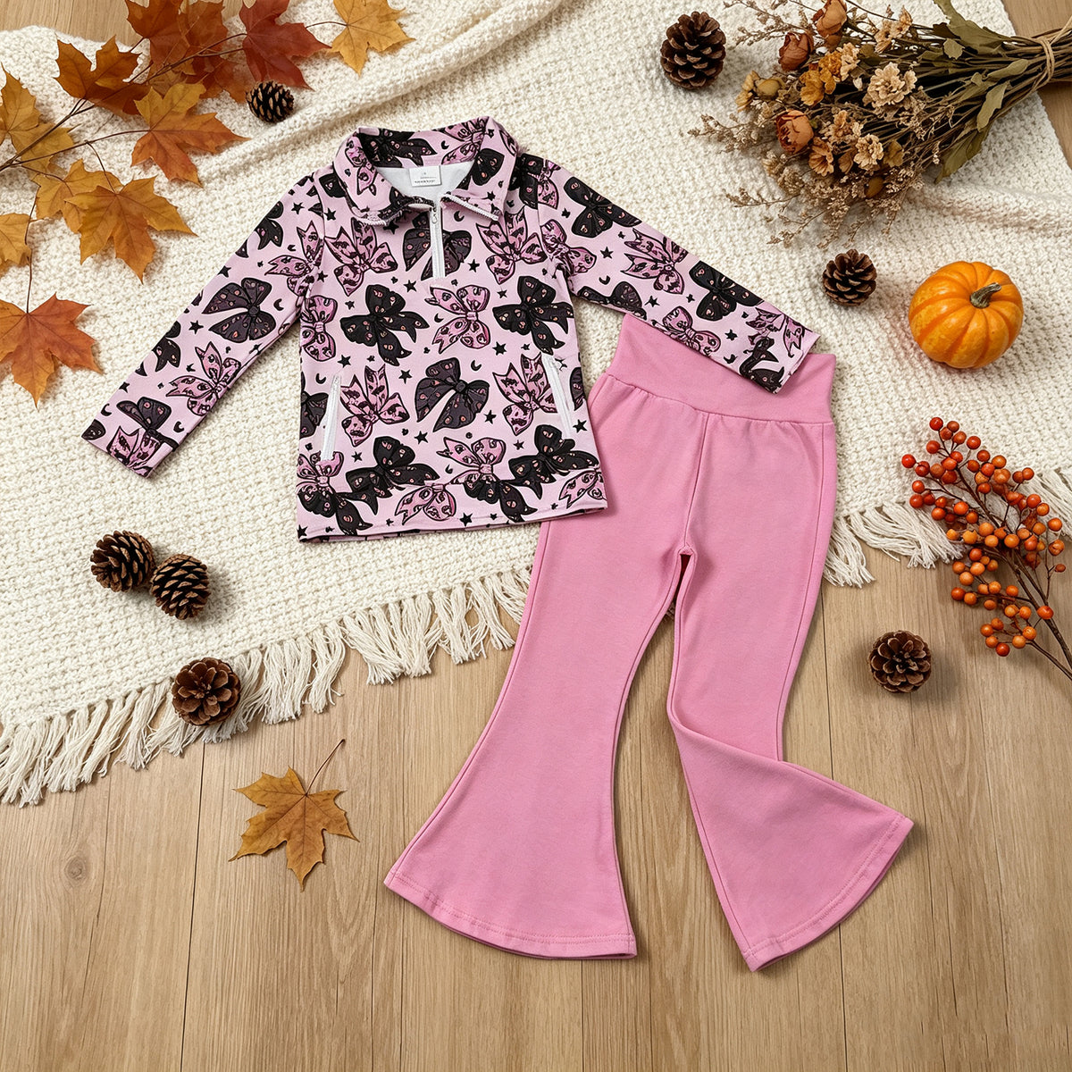 RTS NO MOQ （In stock）milk silk GLP3507 Baby Girls Bats Bows Zip Pockets Pullovers Flare Pant Halloween Clothes Set