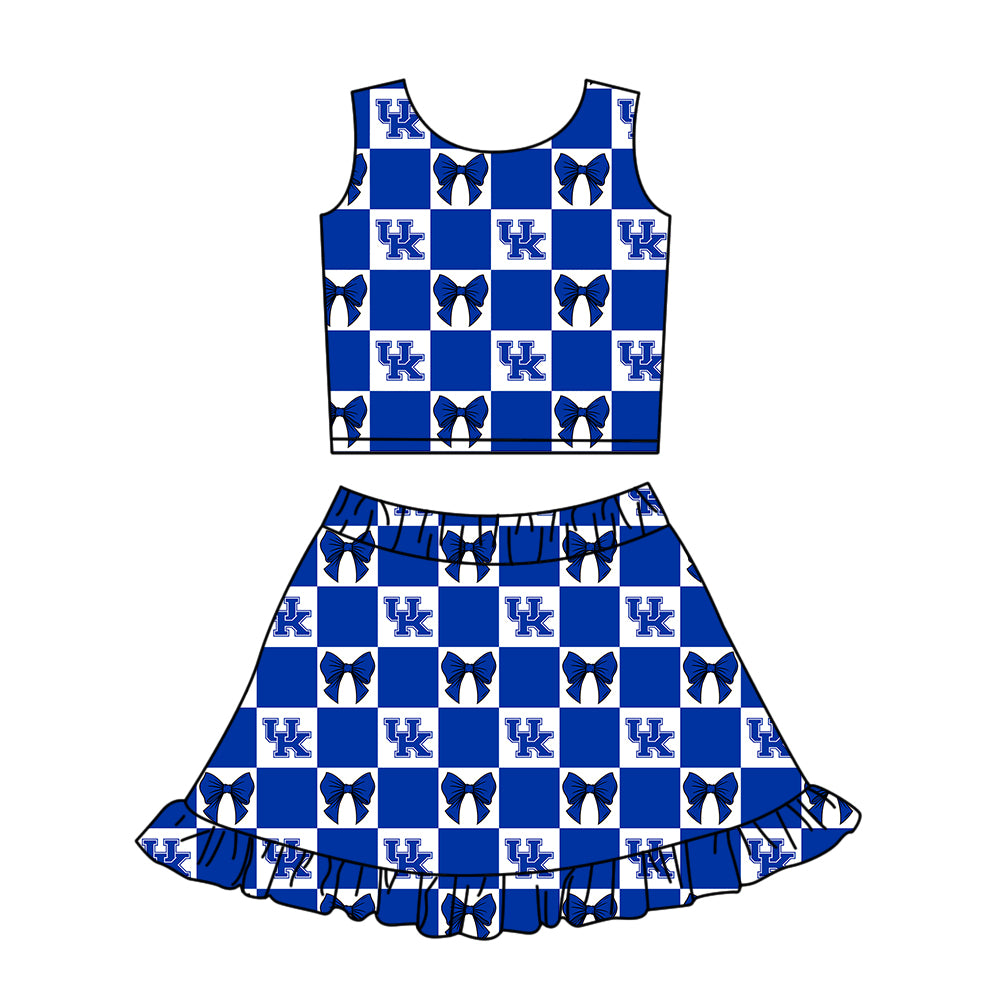 CUSTOM MOQ 5 Kids Clothing for Girls Baby Girls Blue UK Bow Top Skirts Yoga Active Team Clothes Sets