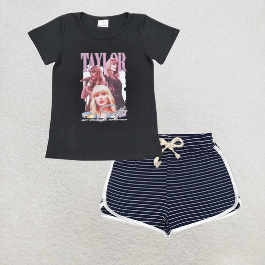 5.26 RTS NO MOQ （In stock）GT0572+SS0343 Black short sleeves girls shirt shirt with Navy stripe cotton girls summer shorts