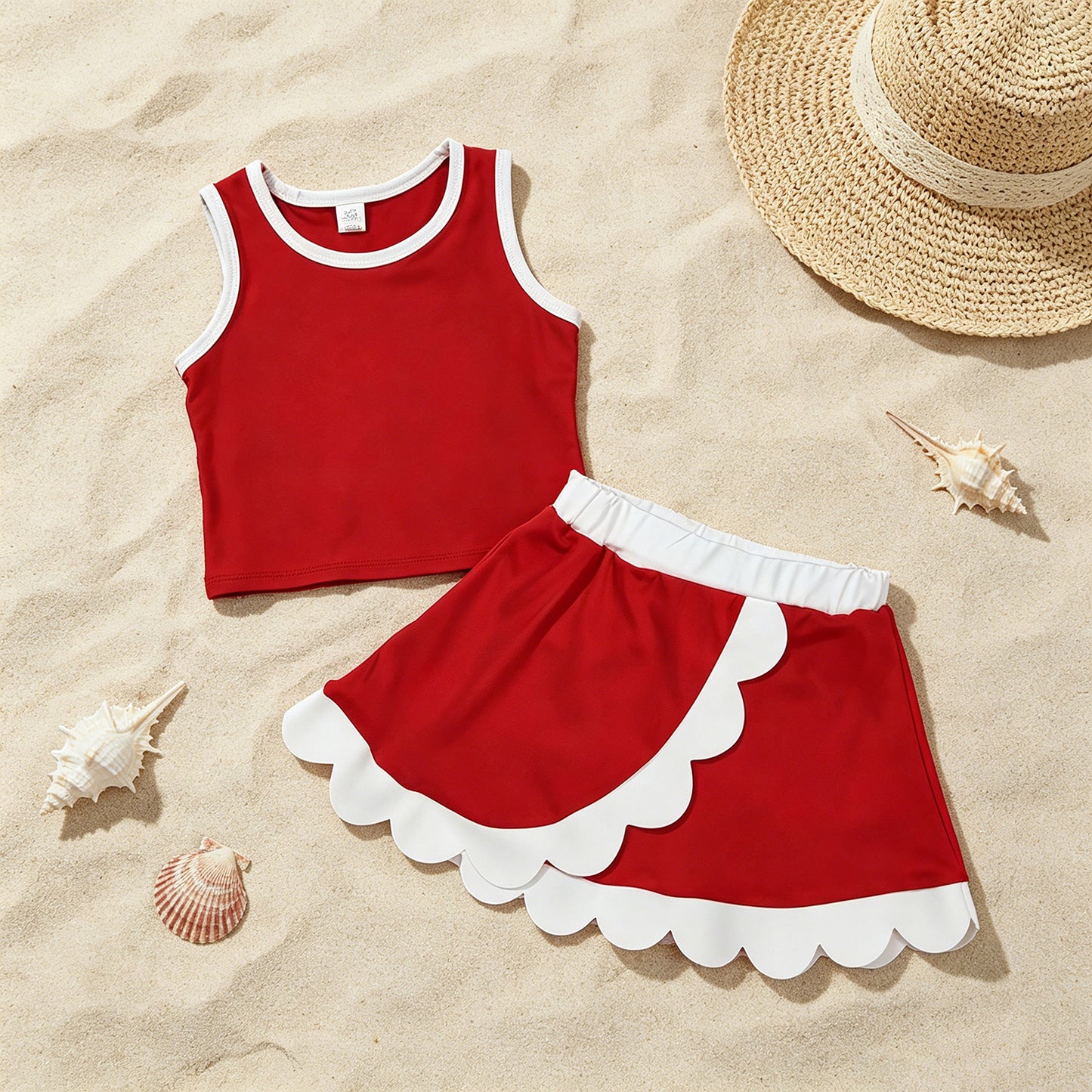 GSD4016 RTS NO MOQ （In stock ）Sleeveless red white scallop girls team active wear set