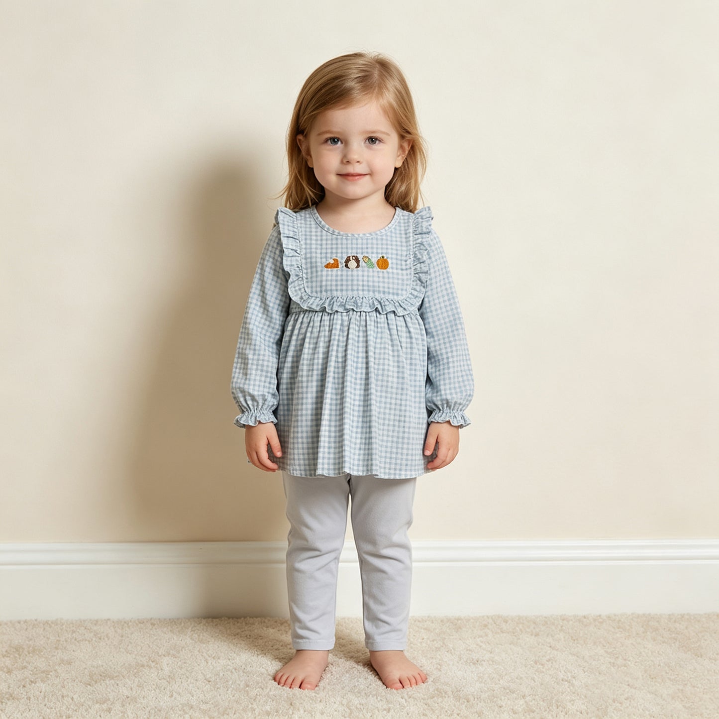 RTS NO MOQ milk silk GLP3409 Embroidery Turkey Pumpkins Baby Girls Cute Tunic Leggings Thanksgivings Set