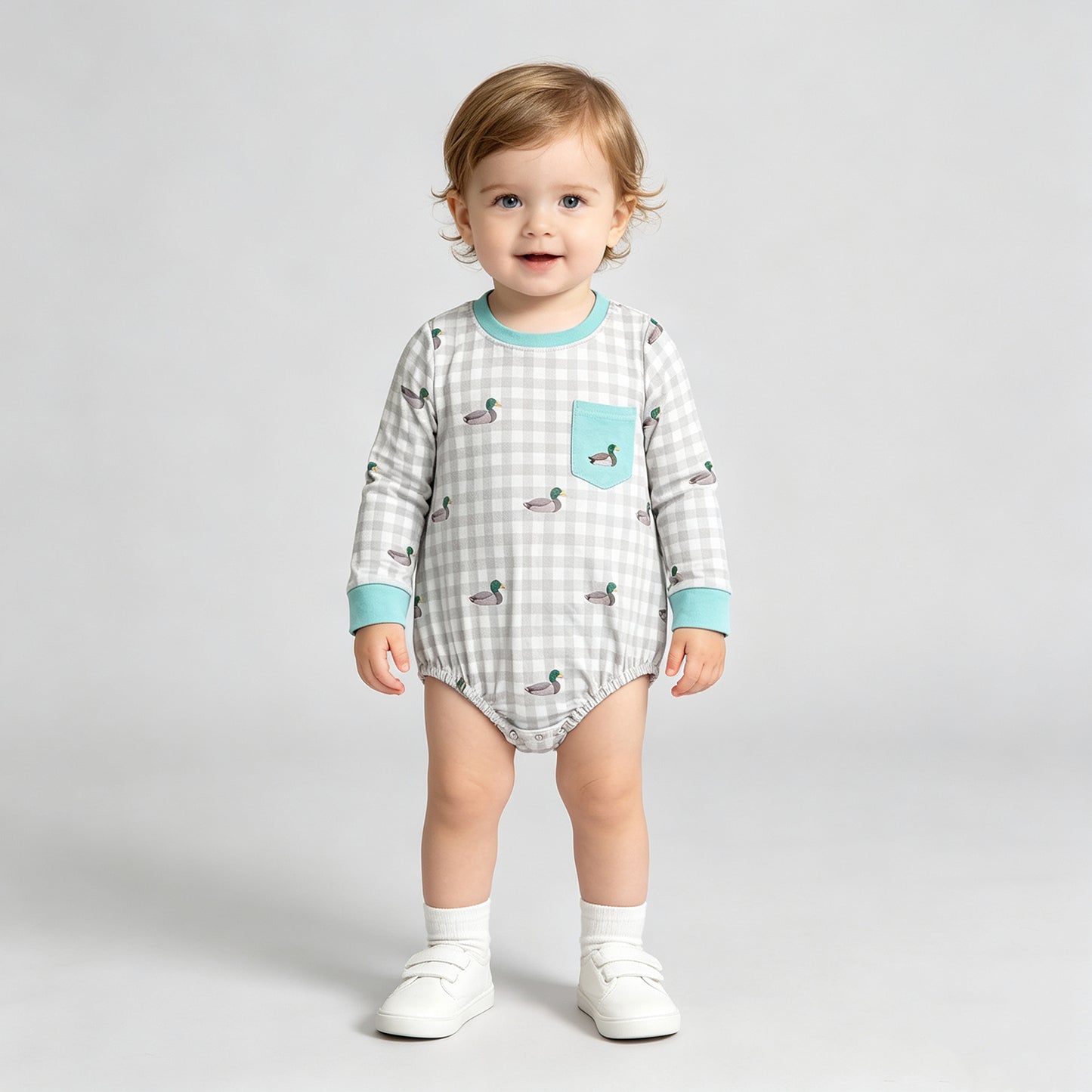 LR3000 RTS NO MOQ （In stock）Embroidery Baby Boys Duck Pocket Long Sleeve Checked Plaid Hunting Rompers