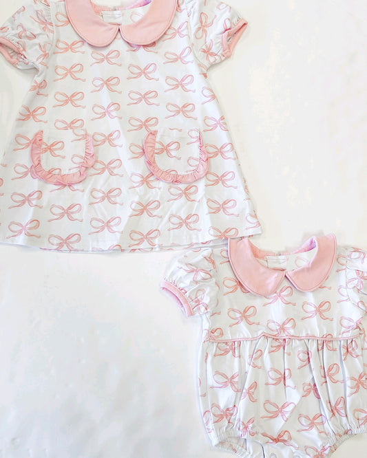 Baby Girls Pink Bow Dress with Short Sleeves And Pockets Cute Children's Clothing