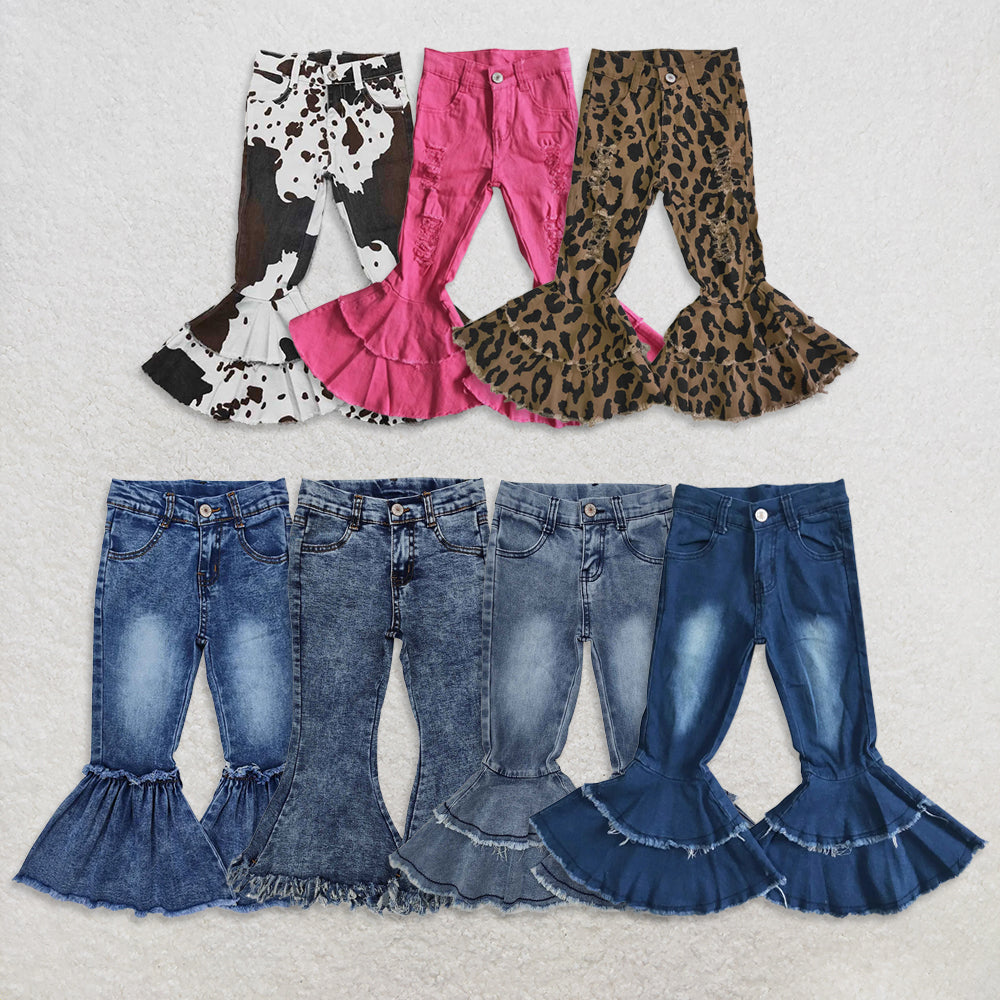 USA Warehouse (IN STOCK)  Girls Distressed Ruffle Bell Bottom Denim Pants Light Tassels Detailing Bell Bottom Jeans for Kids