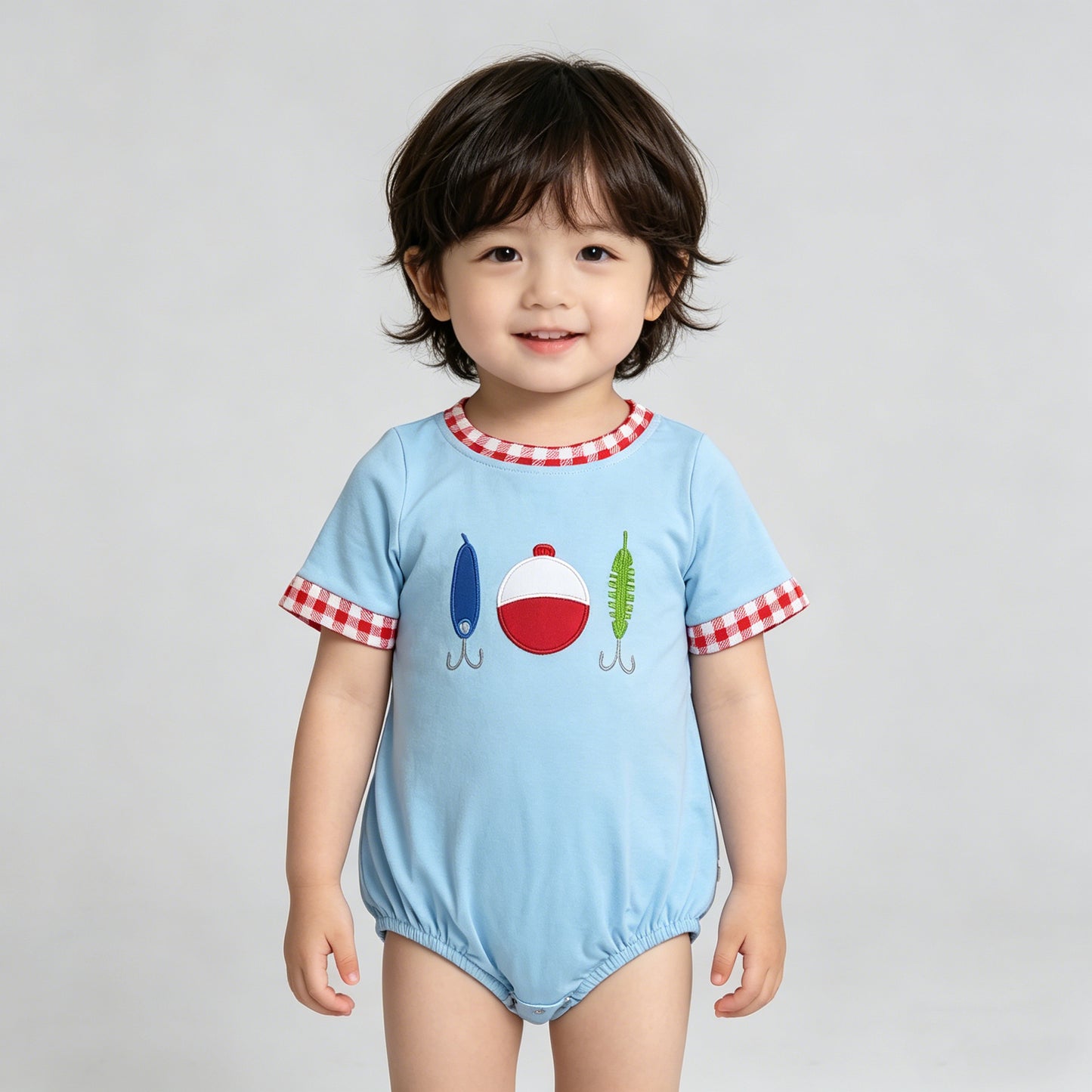 4.14 SR3577 RTS NO MOQ （In stock）Short sleeves fishing lure embroidery baby boy romper