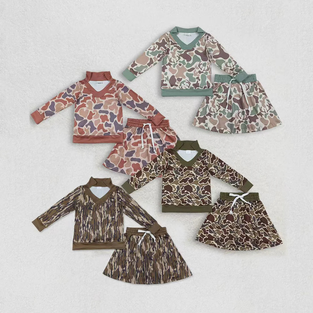 12.26 RTS Sibling Baby Girls Southern Camo Long Sleeve Top Skirt Shorts Clothes Sets
