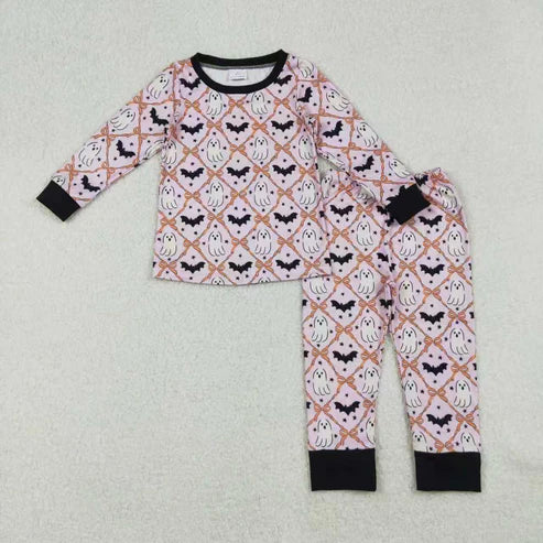 9.19 RTS Sibling Baby Girls Ghosts Bats Checked Halloween Pajamas Sets Knee Length Dresses
