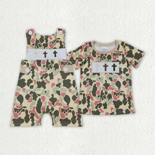 12.16 RTS Sibling Baby Boys Embroidery Crosses Camo Easter T-shirts Shorts Rompers