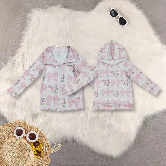 10.2 RTS Sibling Baby Girls Long Sleeves Pink Floral Bows Hoodies Pullovers Tops