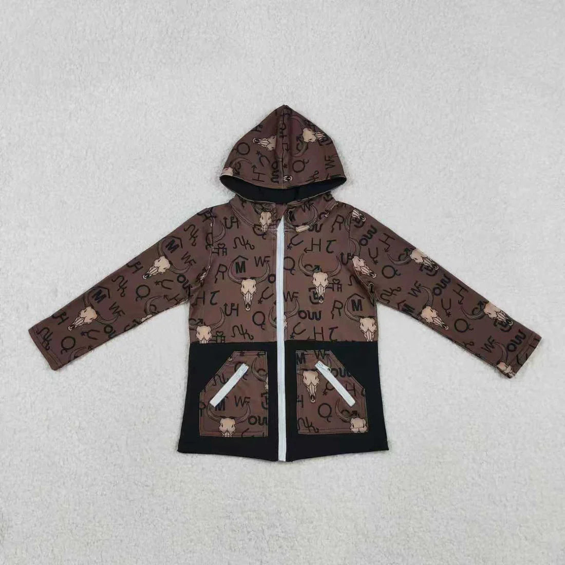 12.2 RTS Sibling Baby Boys Bull Skull Pockets Zipper Hoodie Jackets Zipper Convertible Rompers