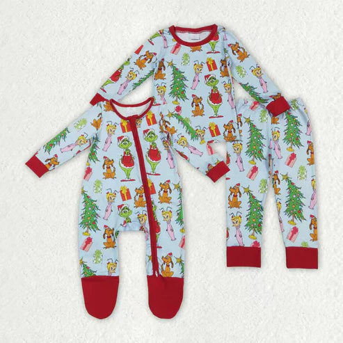 9.23 RTS Sibling Baby Boys Green Face Miss Christmas Pajamas Set Zipper Footed Romper