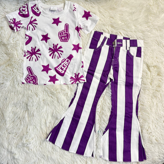 1.10 RST GT0993 + P0331 Baby Girls Short Sleeves Hot Pink Firework Cheer Tee Shirts Tops Bell Denim Pants