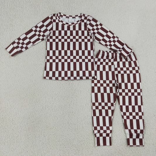 BLP1479 RTS NO MOQ （In stock）Baby Boys Maroon Check Long Sleeve Top Pants Sleep Pajamas Set