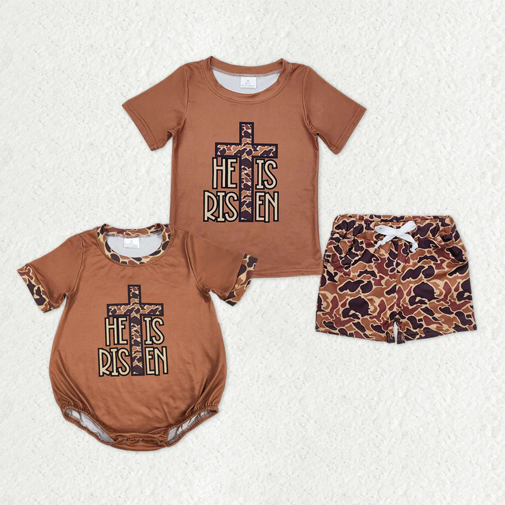 1.27 RTS Sibling Baby Boys Brown Camo Cross He is Risen Pockets Shorts Easter Clothes Set Rompers