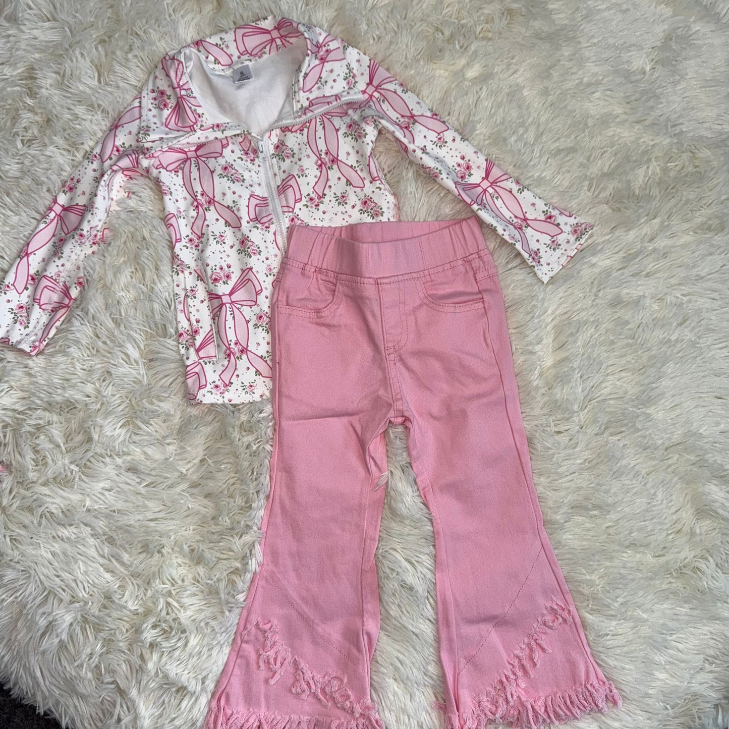 11.13 RST Sibling Baby Girls Flowers Bows Pockets Zipper Yoga Active Pullovers Top  Pink  Jeans Sets