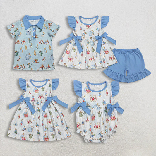 2.3 RTS Sibling Baby Girls Rabbit Eggs Tunic Ruffle Shorts Easter Clothes Set Knee Length Dress Rompers