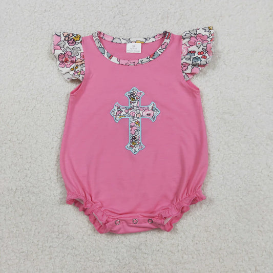 USA Warehouse (IN STOCK) SR3845 Baby Girls Summer Romper Embroidery Floral Crosses Baby Girls Flutter Sleeve Easter Ruffle Rompers