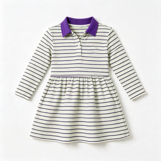(Preorder new) No moq Girls TKids Striped Polo Dress & Shirt Contrast Collar Long Sleeve Girls Pleated Polo Dress Children Top
