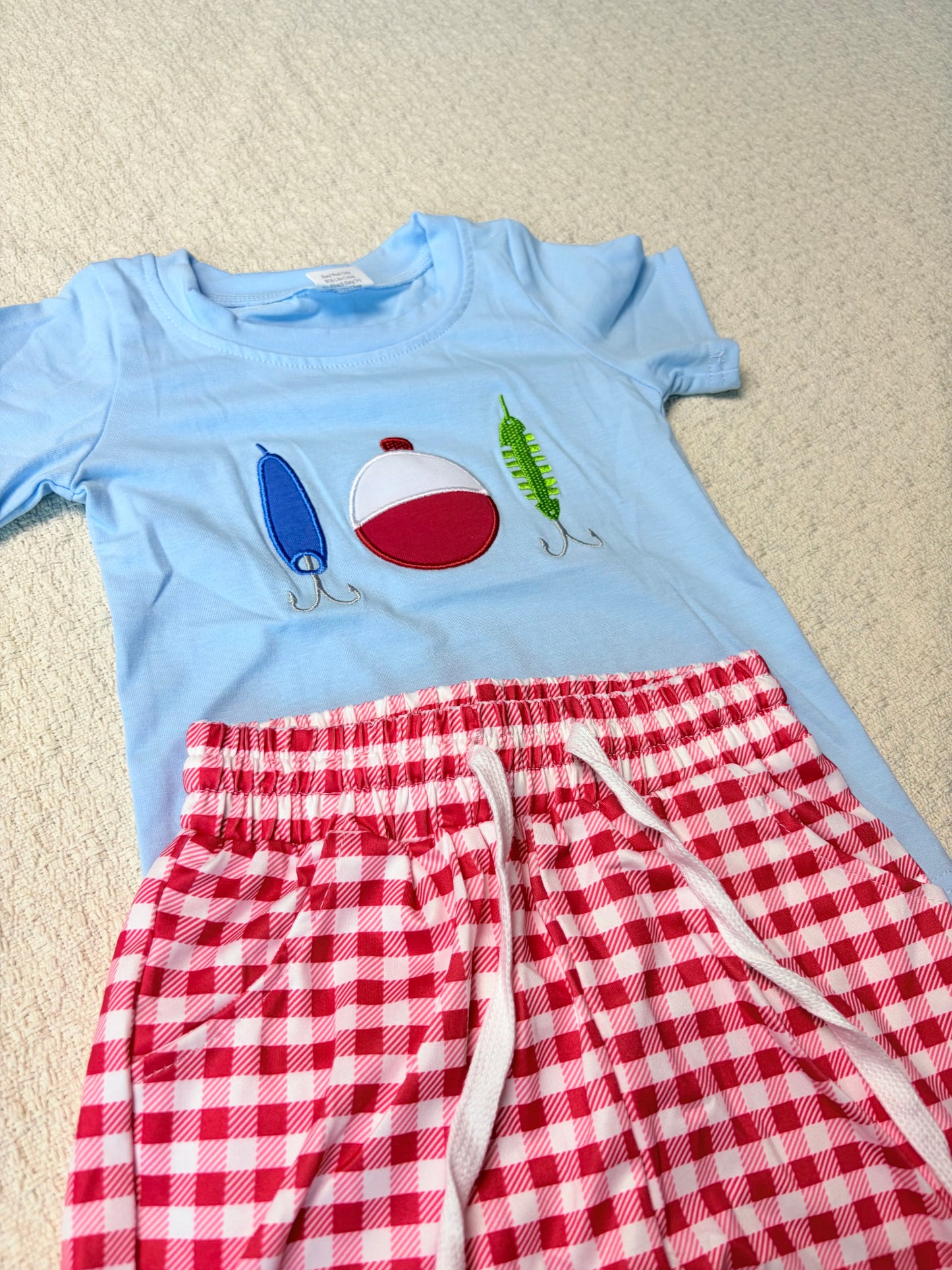 0430 RTS Sibling Short sleeves fishing lure embroidery kids boys outfits and romper