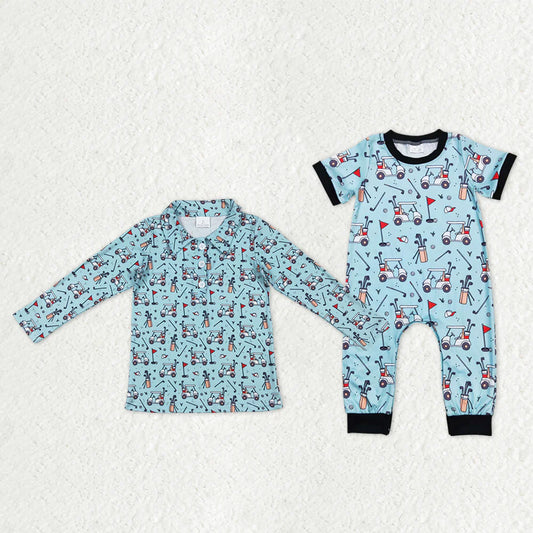 11.28 RTS Sibling Baby Boys Blue Golf Flags Button Polo Shirts Footie Rompers