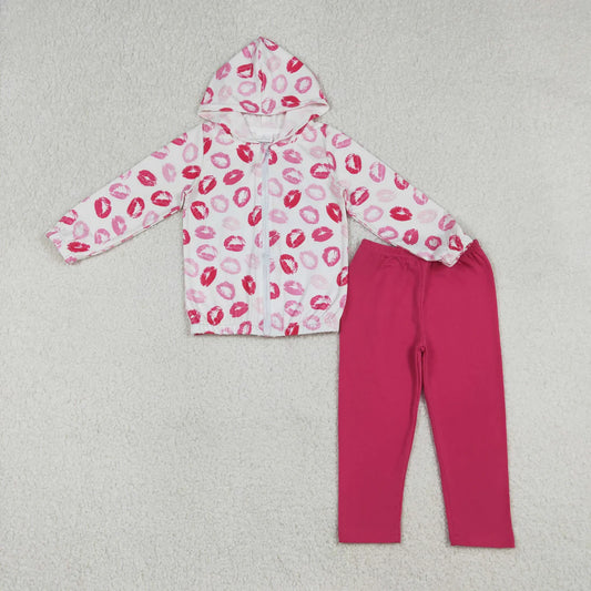 12.30 RTS NO MOQ （In stock）GT1420 + P0958 Baby Girls Red Mouths Hoodie Jackets Top Legging Pants Valentines Clothes Sets