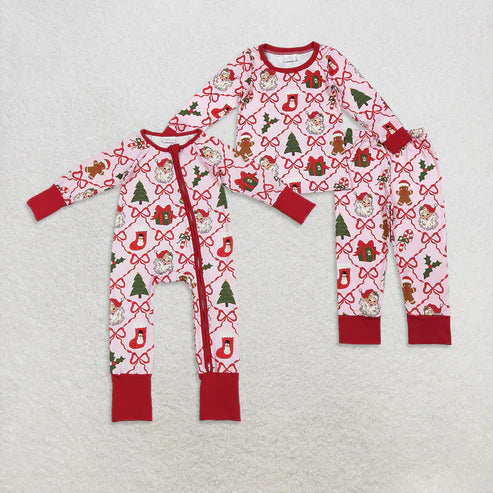 10.14 RTS Sibling Baby Girls Bows Santa Socks Checked Top Pants Christmas Pajamas Sets Zipper Rompers