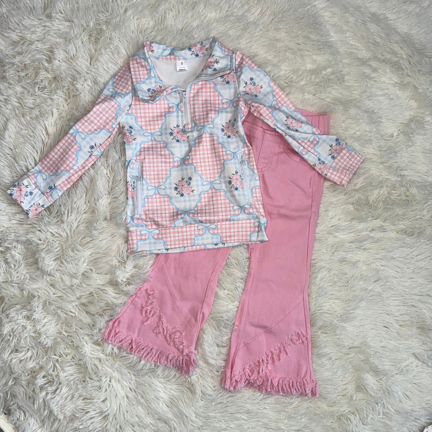 11.13 RST Sibling Baby Girls Flowers Bows Pockets Zipper Yoga Active Pullovers Top  Pink  Jeans Sets