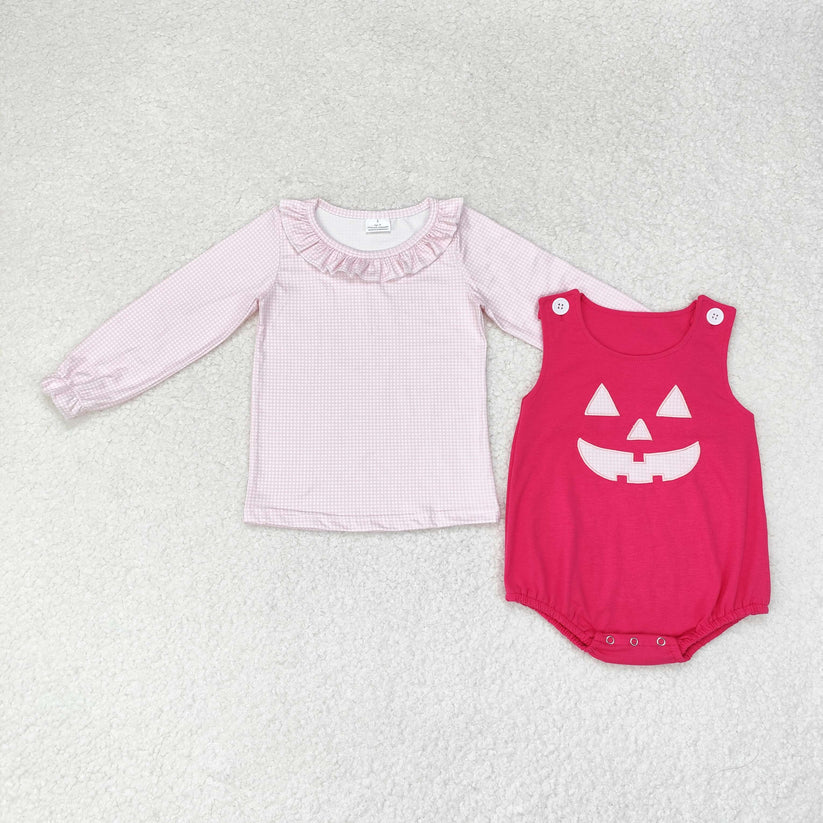 RTS NO MOQ （In stock）Sibling baby girl boy clothes halloween long-sleeved top embroidery smiley face rose red sleeveless dress and romper 2 pieces set